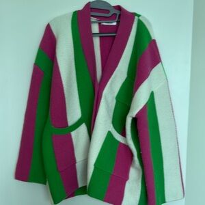 Striped Open-Front Cardigan Sweater in Pink, Green & Cream